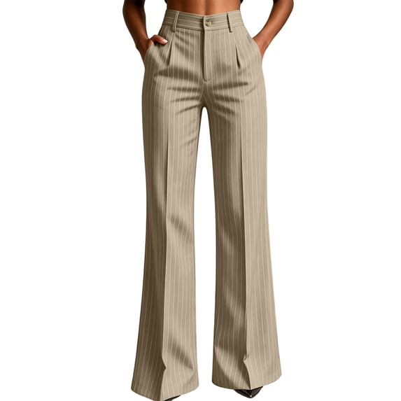 cocolona Womens Business Casual High Waist Dress Pants Elastic Waist Straight Wide Leg Commute Striped Pants with Pockets