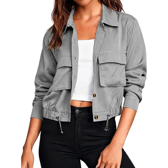 cocolona Womens Button Down Cropped Jackets Outdoor Sports Lightweight Drawstring Hem Outwear Solid Color Collar Fall Tops with Pocket
