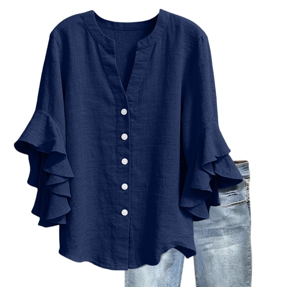 cocolona Womens Button Down Linen Shirts Summer Ruffle 3/4 Sleeve Loose Tops Dressy Casual Blouses