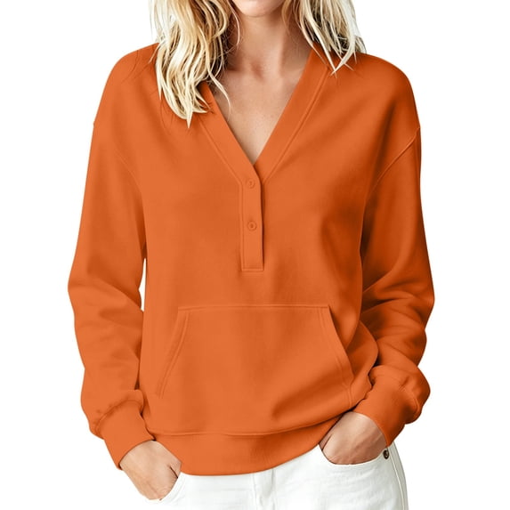 cocolona Womens Button Down Solid Color Sweatshirt V Neck Long Sleeve Cinched Hem Pullover Tops with Pocket