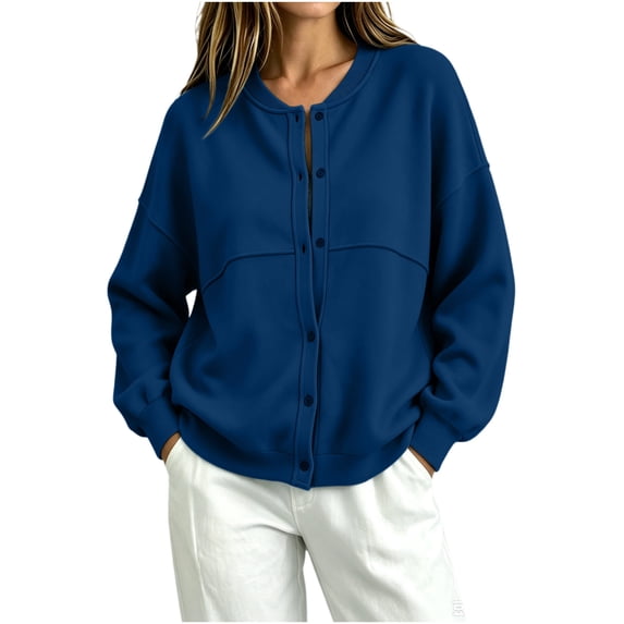cocolona Womens Button Down Sweatshirts Crew Neck Long Sleeve Shirts Loose Casual Solid Color Jacket
