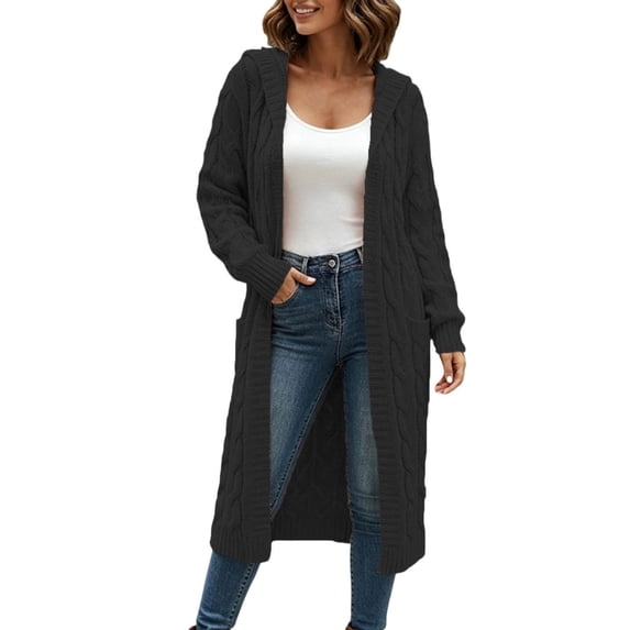cocolona Womens Cable Knit Long Sweater Cardigan Loose Casual Hooded Long Sleeve Sweater Solid Color Trendy Fall Tunic Cardigan