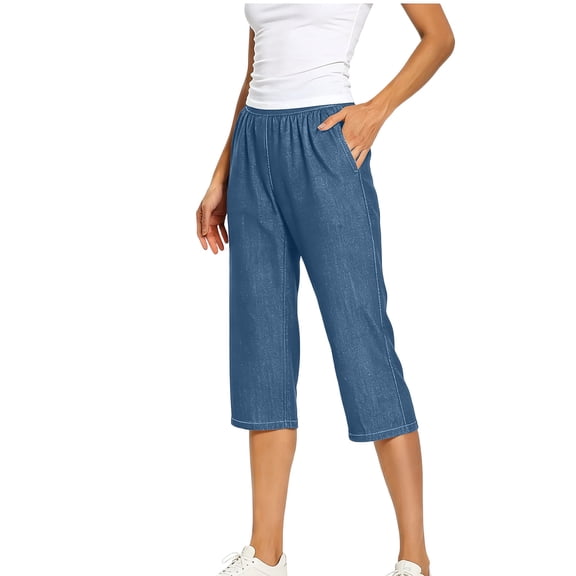 cocolona Womens Capri Jeans Fashion Solid Color Casual Loose Straight Leg Denim Pants with Pockets