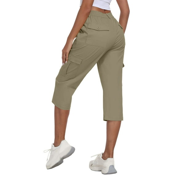 cocolona Womens Capri Pants Multi Pocket Cargo Pants Elastic Waist Button Work Pants Outdoor Hiking Pants Lounge Trousers S-XXL