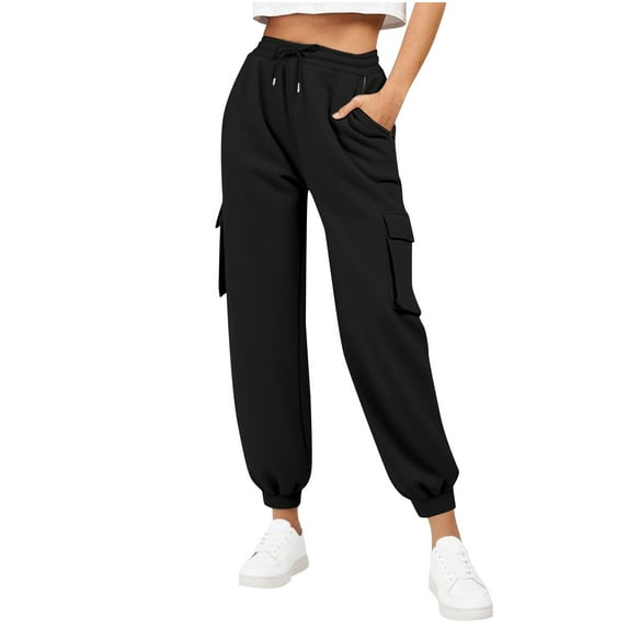 cocolona Womens Cargo Sweatpants Elastic High Waist Drawstring Joggers with Zipper Pockets Fashion Casual Solid Color Trousers