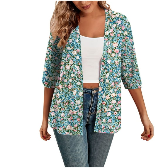 cocolona Womens Casual 3/4 Sleeve Cardigan Lightweight Open Front Cardigan Tops Fall Floral Print Coat Comfy Trendy Outwear