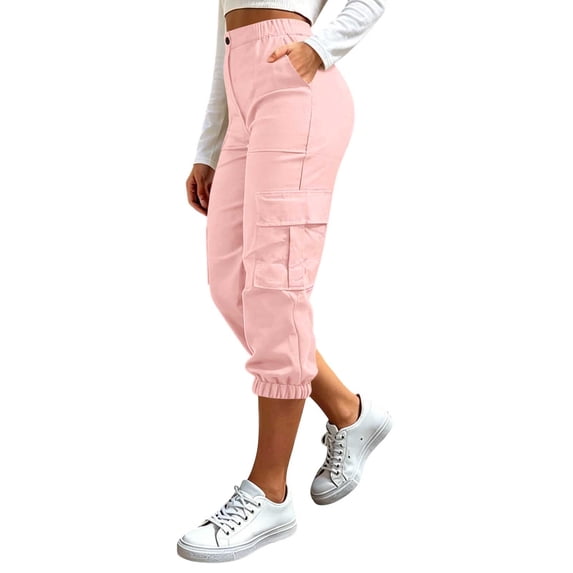 cocolona Womens Casual Capri Cargo Pants Elastic Waist Straight Slim Leg Outdoor Hiking Cropped Pants with Pockets