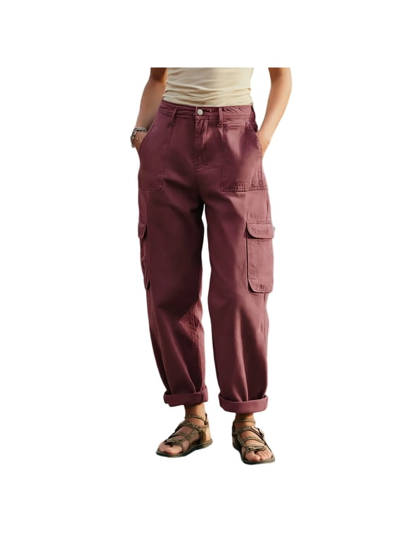 Womens Casual Cargo Pants Button Zipper Waist Straight Cuffed Wide Leg Outdoor Hiking Pants with Pockets
