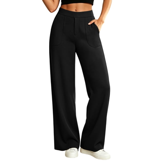 cocolona Womens Casual Commute Dress Pants Elastic Waist Straight Wide Leg Vacation Work Pants with Pockets