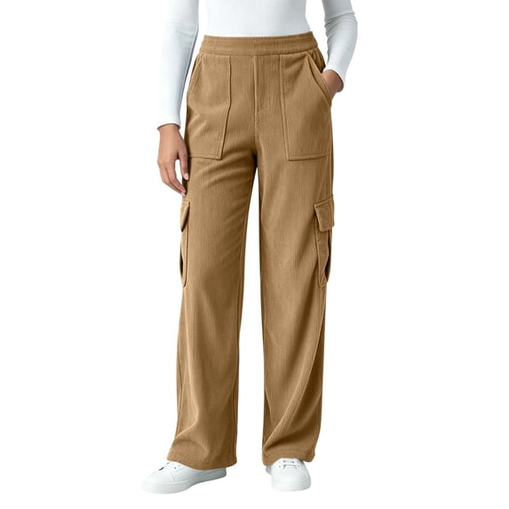 cocolona Womens Casual Corduroy Cargo Pants Elastic Waist Straight Wide Leg Travel Lounge Pants with Pockets