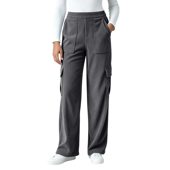 cocolona Womens Casual Corduroy Cargo Pants Elastic Waist Straight Wide Leg Travel Lounge Pants with Pockets