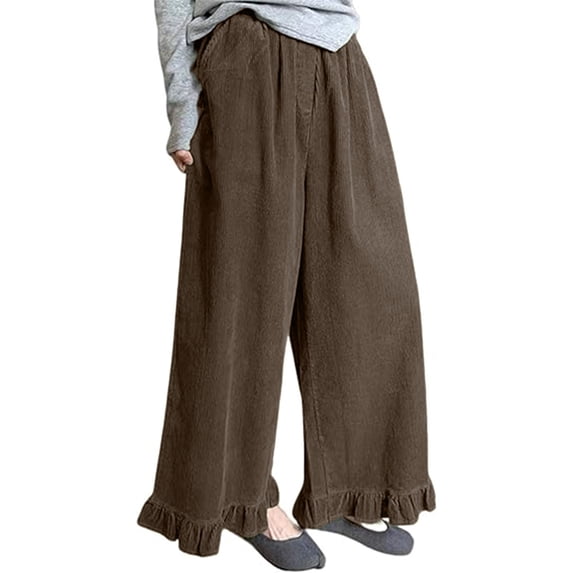 cocolona Womens Casual Corduroy Palazzo Pants Elastic Waist Straight Ruffle Wide Leg Lounge Pants with Pockets