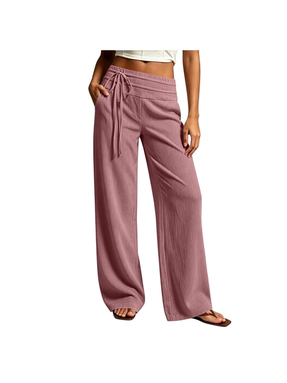 Womens Casual Corduroy Palazzo Pants Elastic Waist Straight Wide Leg Travel Lounge Pants with Pockets