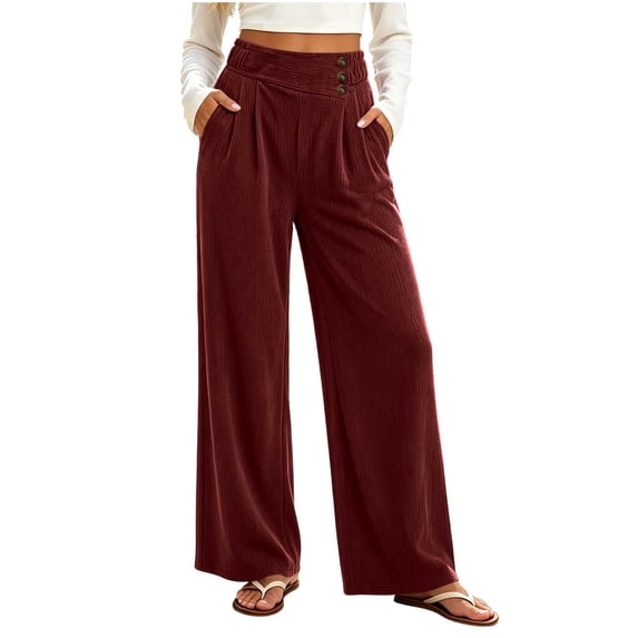 cocolona Womens Casual Corduroy Pants Elastic Waist Straight Wide Leg Travel Lounge Pants with Pockets