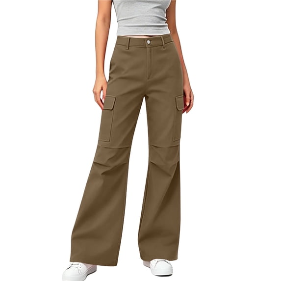 cocolona Womens Casual Flare Cargo Pants Solid Color Elastic Waist Wide Leg Travel Pants with Pockets