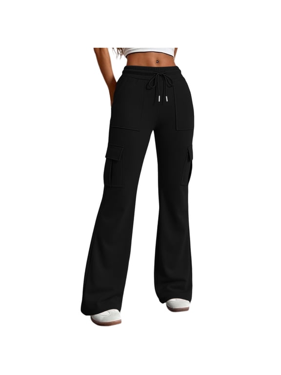 Womens Casual Flare Leggings Elastic Waist Drawstring Wide Leg Cargo Pants with Pockets