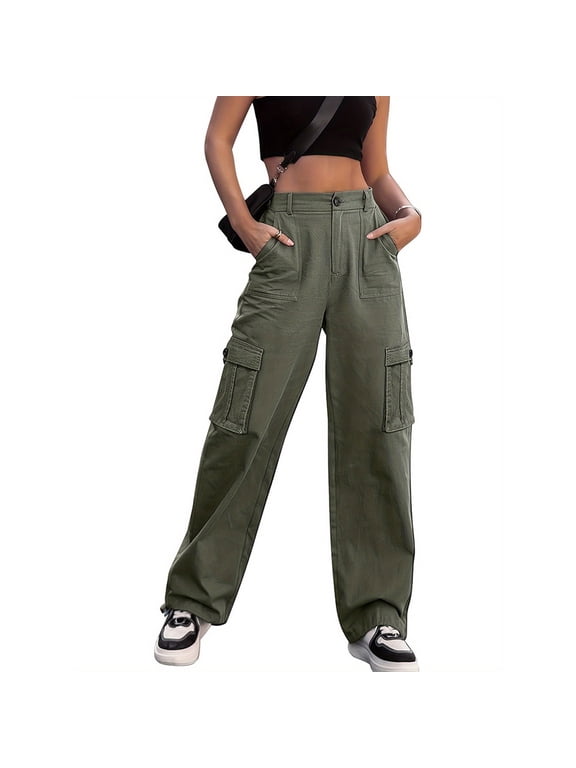 Womens Casual High Waist Cargo Pants Elastic Waist Straight Wide Leg Street Travel Pants with Pockets