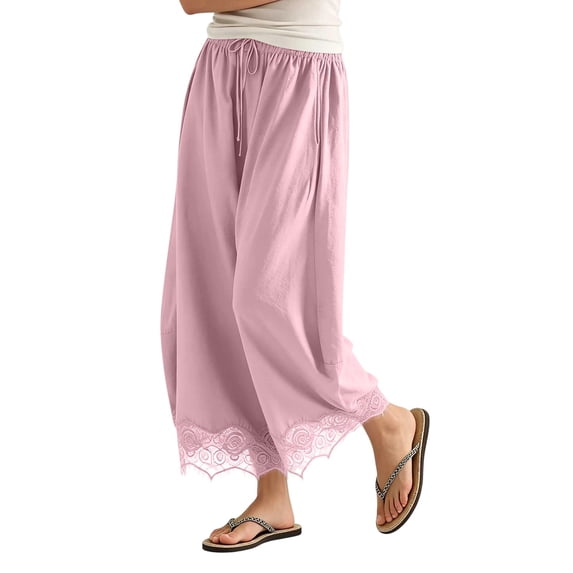 cocolona Womens Casual Lace Pajama Pants Elastic Waist Drawstring Wide Leg Lounge Palazzo Pants with Pockets