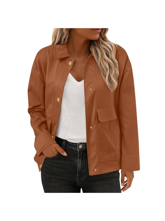 Womens Casual Long Sleeve Lapel Jacket Coat Button Down Cropped Shackets with Pockets S-2XL