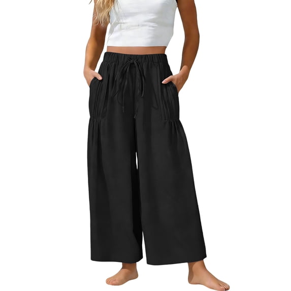 cocolona Womens Casual Loose Linen Pants Summer Elastic Waist Drawstring Wide Leg Trousers with Pocket