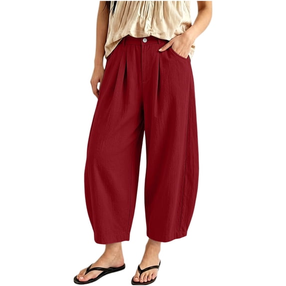 cocolona Womens Casual Loose Pleated Linen Pants Elastic Waist Straight Wide Leg Travel Lounge Cropped Pants with Pockets