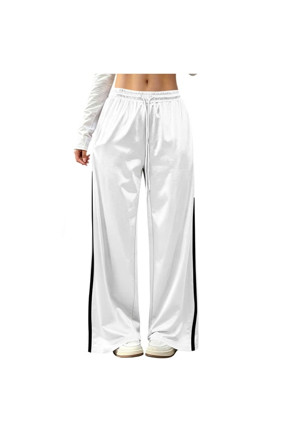 Womens Casual Loose Satin Pants Elastic Waist Straight Wide Leg Street Travel Pants with Pockets