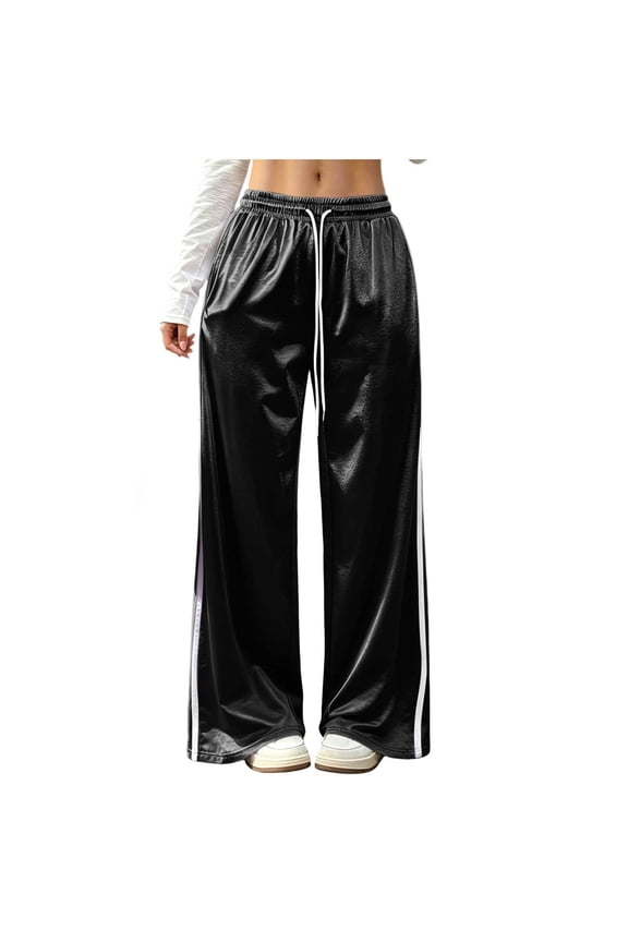 Womens Casual Loose Satin Pants Elastic Waist Straight Wide Leg Street Travel Pants with Pockets