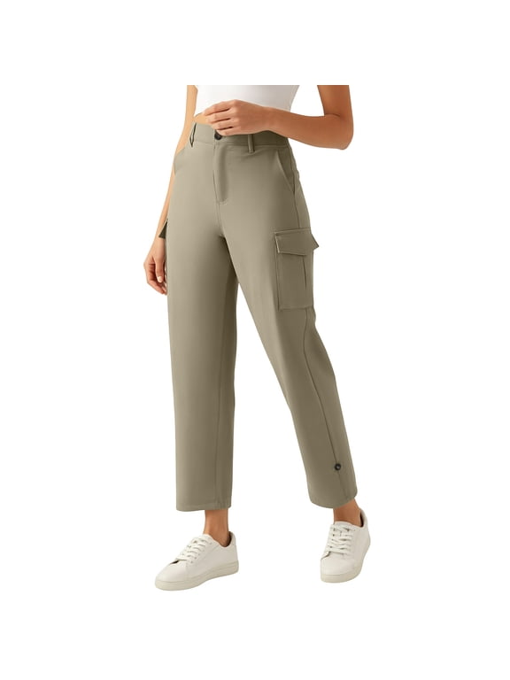 Womens Casual Outdoor Hiking Pants Button Zipper Waist Straight Wide Leg Waterproof Cargo Pants with Pockets