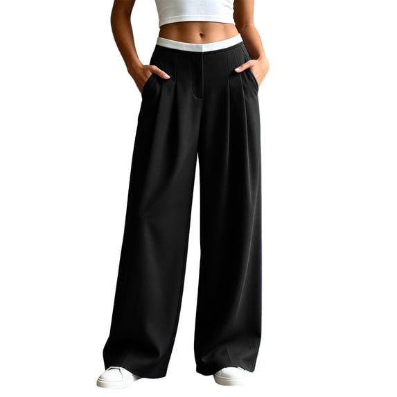 cocolona Womens Casual Patchwork Dress Pants Elastic Waist Straight Wide Leg Commute Yoga Pants with Pockets