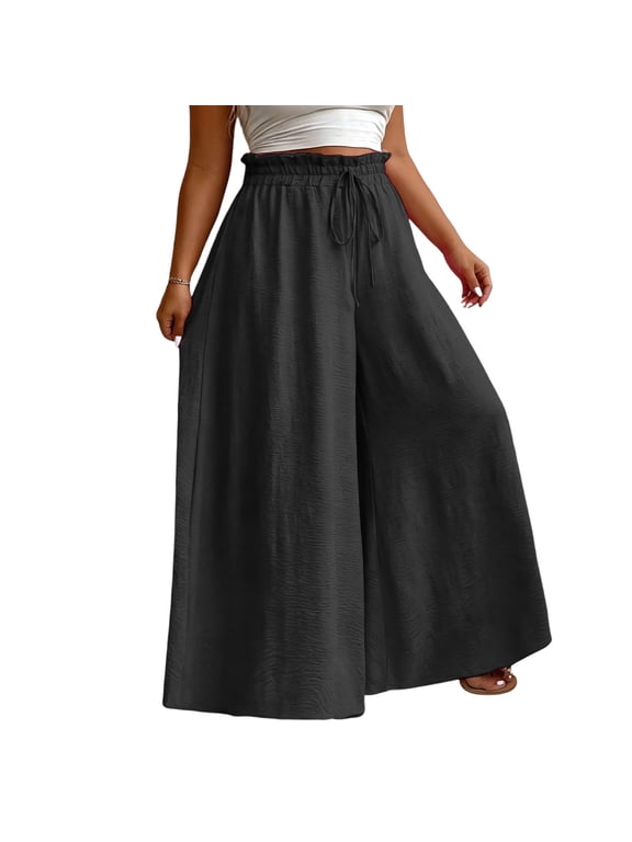 Womens Casual Plus Size Palazzo Pants Elastic Waist Drawstring Wide Leg Lounge Vacation Pants with Pockets