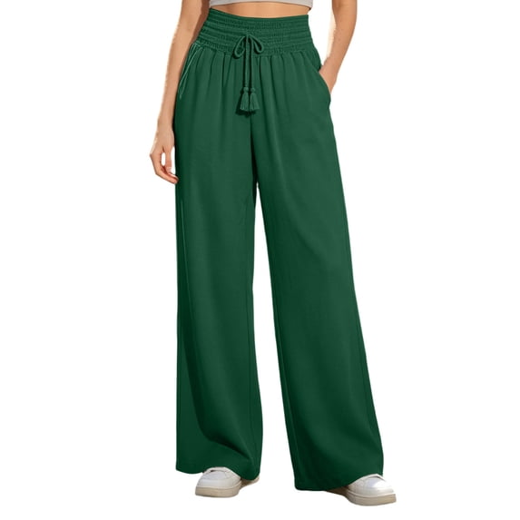 cocolona Womens Casual Ruffle High Waist Pants Elastic Waist Drawstring Wide Leg Vacation Lounge Pants with Pockets