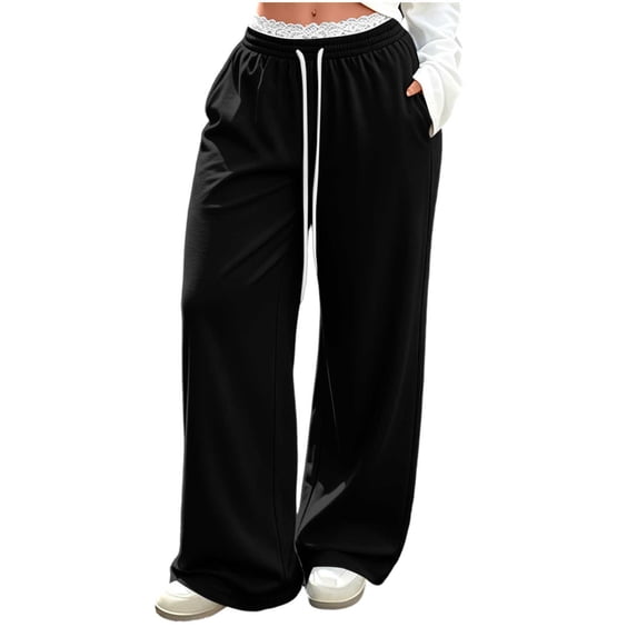 cocolona Womens Casual Solid Color Lace Sweatpants Elastic Waist Drawstring Wide Leg Travel Lounge Pants with Pockets