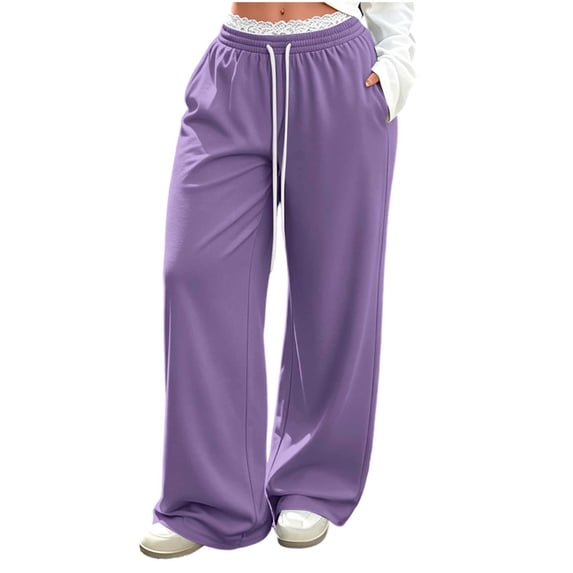 cocolona Womens Casual Solid Color Lace Sweatpants Elastic Waist Drawstring Wide Leg Travel Lounge Pants with Pockets