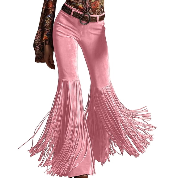 cocolona Womens Casual Street Tassel Suedes Pants Solid Color Elastic Waist Wide Leg Flare Pants for Party