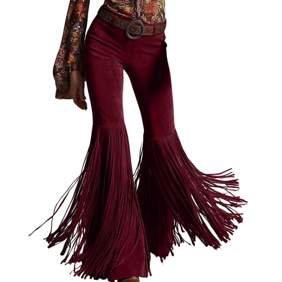 cocolona Womens Casual Street Tassel Suedes Pants Solid Color Elastic Waist Wide Leg Flare Pants for Party