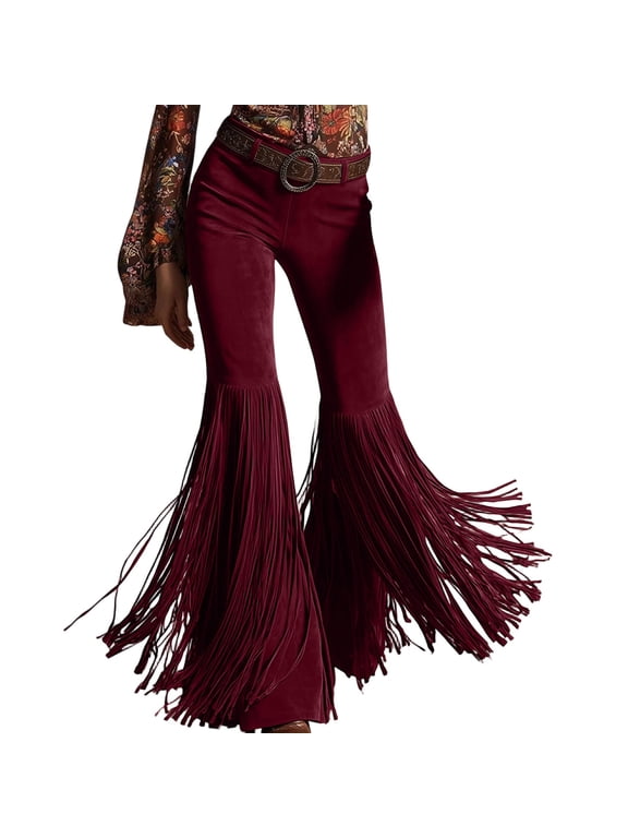 Womens Casual Street Tassel Suedes Pants Solid Color Elastic Waist Wide Leg Flare Pants for Party