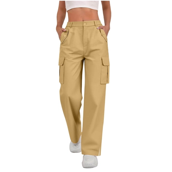 cocolona Womens Casual Stretch Cargo Pants Elastic Waist Straight Wide Leg Outdoor Hiking Pants with Pockets