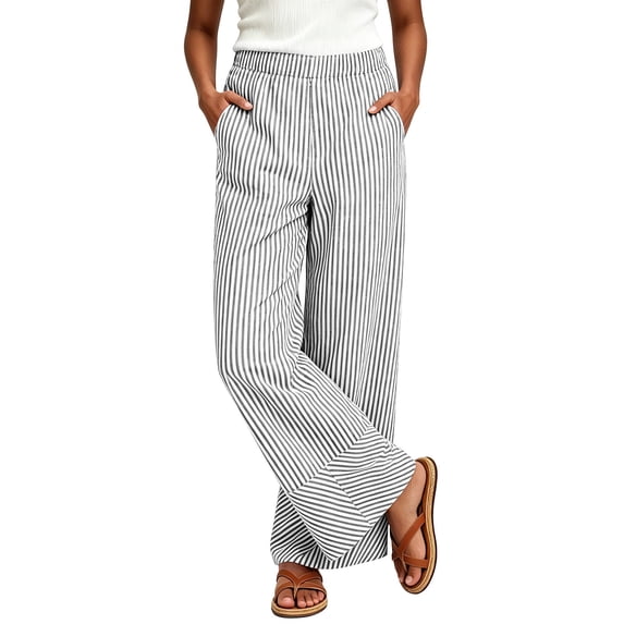 cocolona Womens Casual Striped Pajama Pants Elastic Waist Straight Wide Leg Beach Vacation Lounge Pants with Pockets