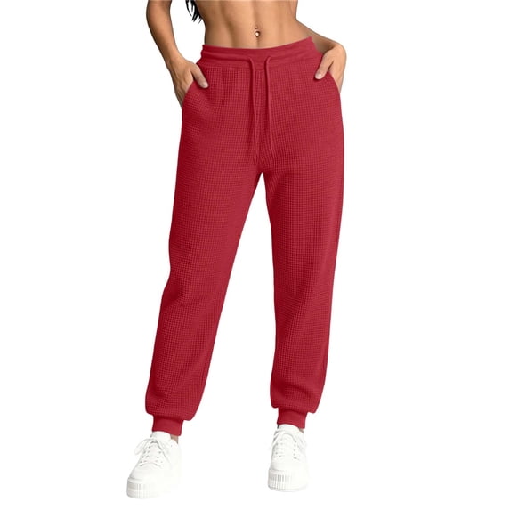 cocolona Womens Casual Waffle Joggers Elastic Waist Drawstring Straight Gym Workout Running Pants with Pockets