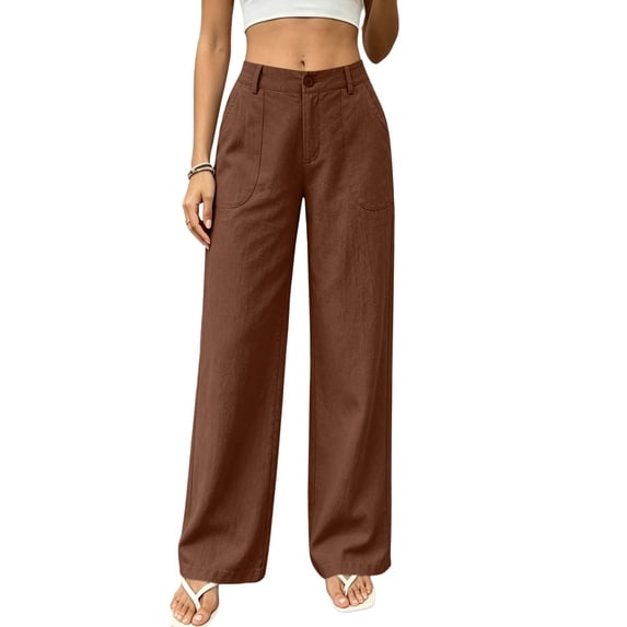 cocolona Womens Casual Work Pants Elastic Button Waist Straight Wide Leg Travel Lounge Pants with Pockets