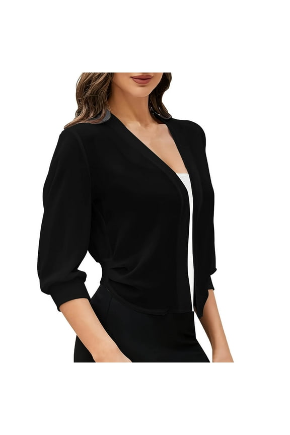 Womens Chiffon Cardigan 3/4 Sleeve Lightweight Crop Cardigan Jacket Casual Loose Solid Color Tops Blouses