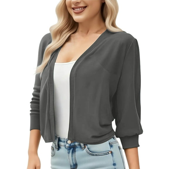 cocolona Womens Chiffon Cardigan 3/4 Sleeve Lightweight Crop Cardigan Jacket Casual Loose Solid Color Tops Blouses