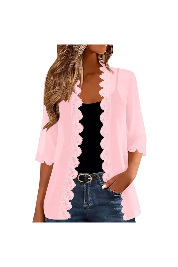 Womens Chiffon Tops Lightweight 3/4 Sleeve Wave-shaped Cardigan Shirts Trendy Casual Tunic Flowy Blouses