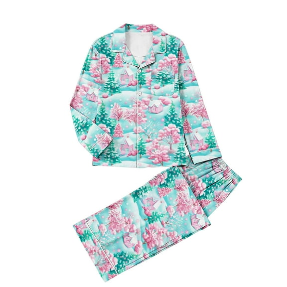 cocolona Womens Christmas Pajamas Cute Print Long Sleeve Button Shirts and Long Pants 2 Piece Lounge Outfits Fashion Home Sets Christmas Gifts