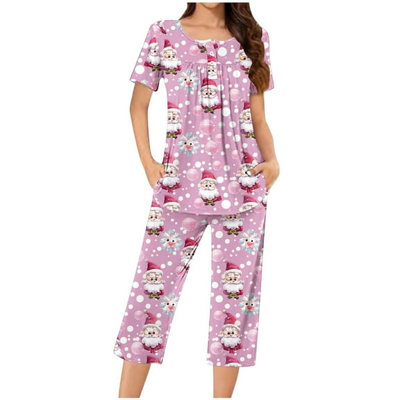 cocolona Womens Christmas Pajamas Short Sleeve Tops and Capri Pants 2 Piece Lounge Outfits Sleepwear Home Sets with Pocket