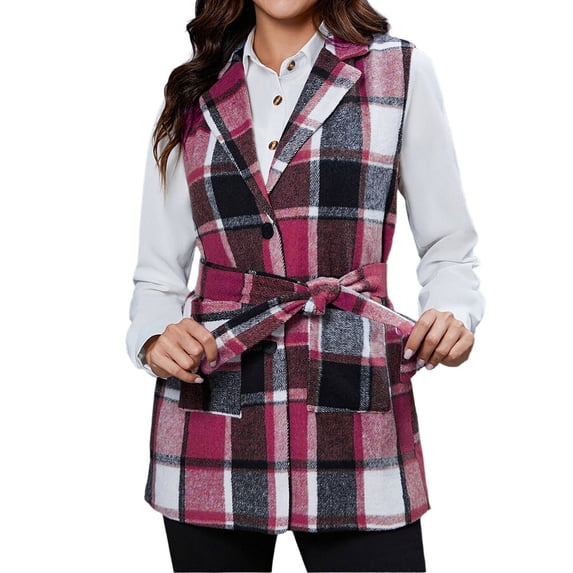 cocolona Womens Collared Plaid Mid-Length Sleeveless Jackets Button Down Vintage Winter Fall Coat With Belt