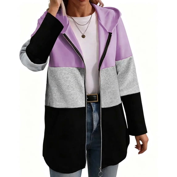 cocolona Womens Color Block Jackets Zip Up Hooded Long Sleeve Sweatshirts Casual Loose Plus Szie Fall Tops