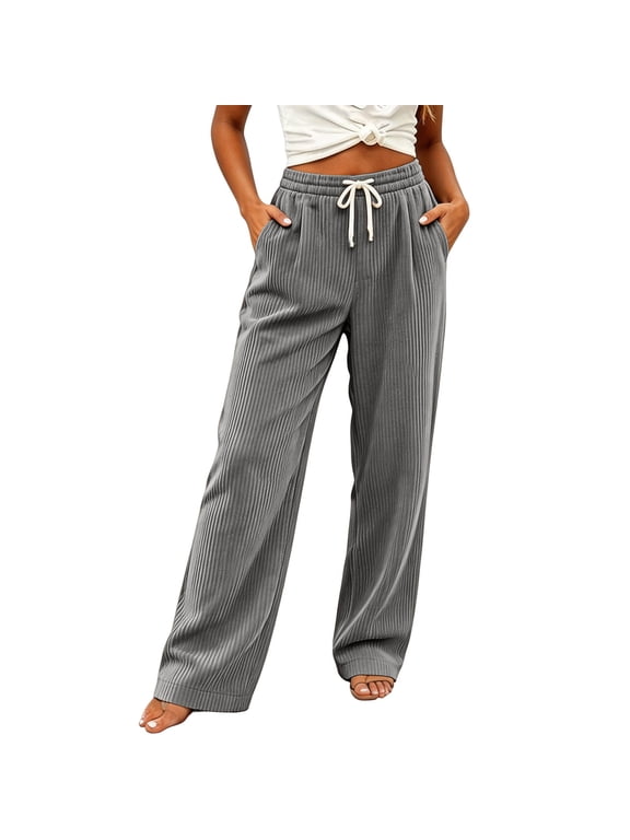 Womens Corduroy Casual High Waist Sweatpants Elastic Waist Straight Wide Leg Workout Gym Running Pants with Pockets