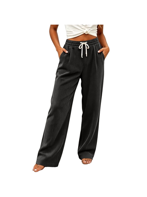 Womens Corduroy Casual High Waist Sweatpants Elastic Waist Straight Wide Leg Workout Gym Running Pants with Pockets