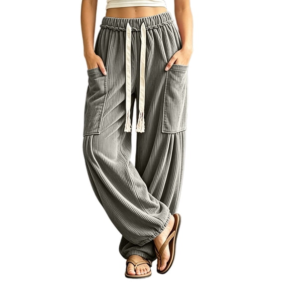 cocolona Womens Corduroy Lounge Pants Elastic Waist Drawstring Wide Leg Travel Street Pants with Pockets